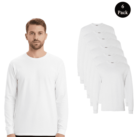 Hanes Mens Essential-T Long Sleeve T-Shirt, Durable Crewneck Casual Comfort White Tee, 6-Pack S