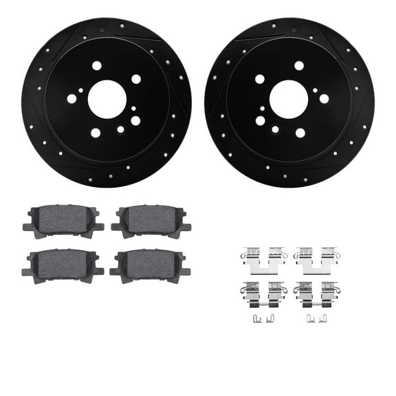 Dynamic Friction Company Rear Brake Rotors-Drilled and Slotted-Black with 5000 Advanced Brake Pads includes Hardware 8512-76150