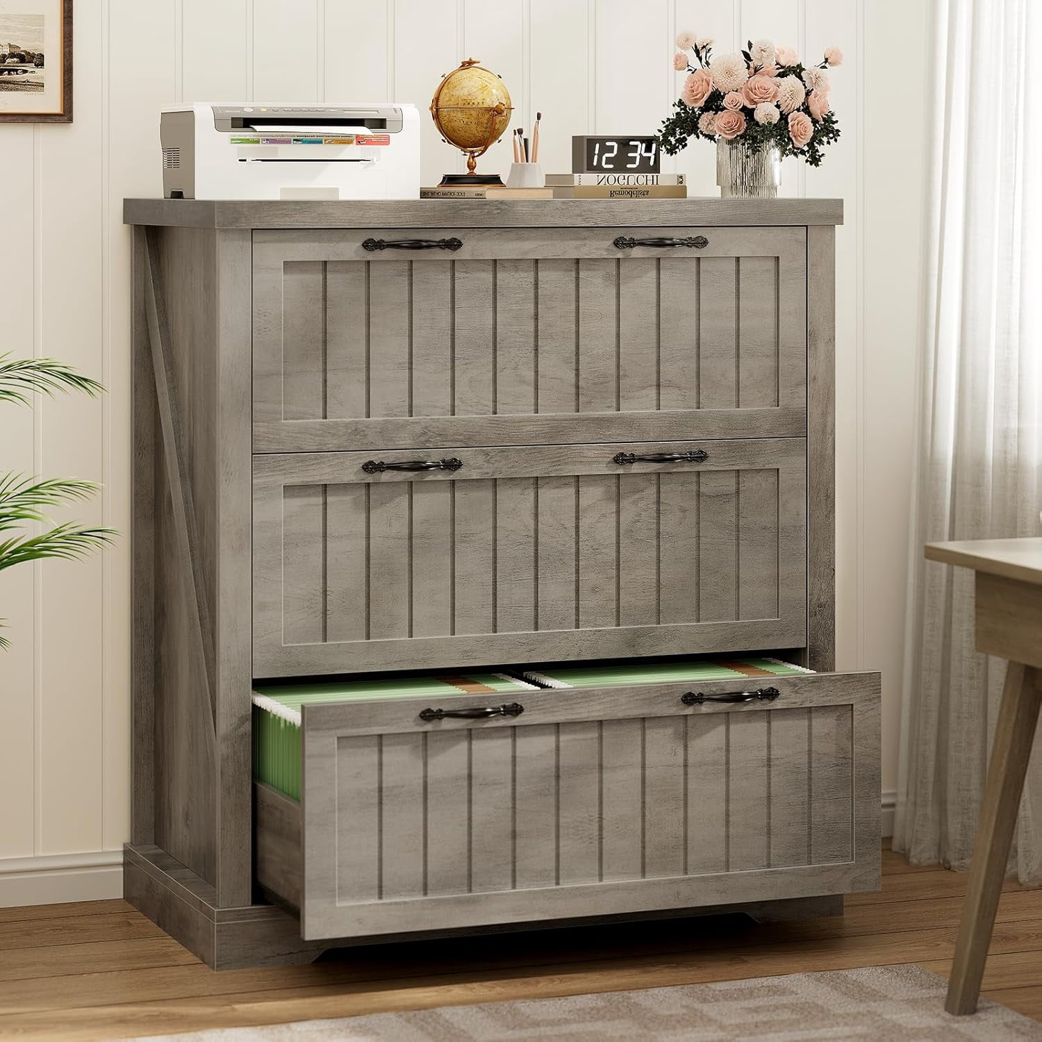 3 Drawer File Cabinet, Farmhouse Filing Cabinet Fits Letter/Legal/A4 Size, Wood File Cabinet with Printer Stand for Home Office, Retro Style for Living Room, Grey