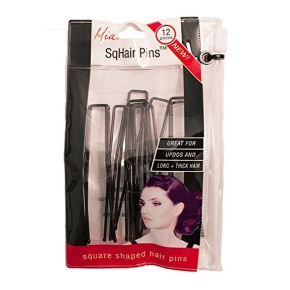 Mia Sqhair Pins, Square Shaped Bobby Pins For Long And/Or Thick Hair, Brown, 2.5 Inches Long, Zippered Storage Pouch, For Updos, Women and Girls 12 pcs