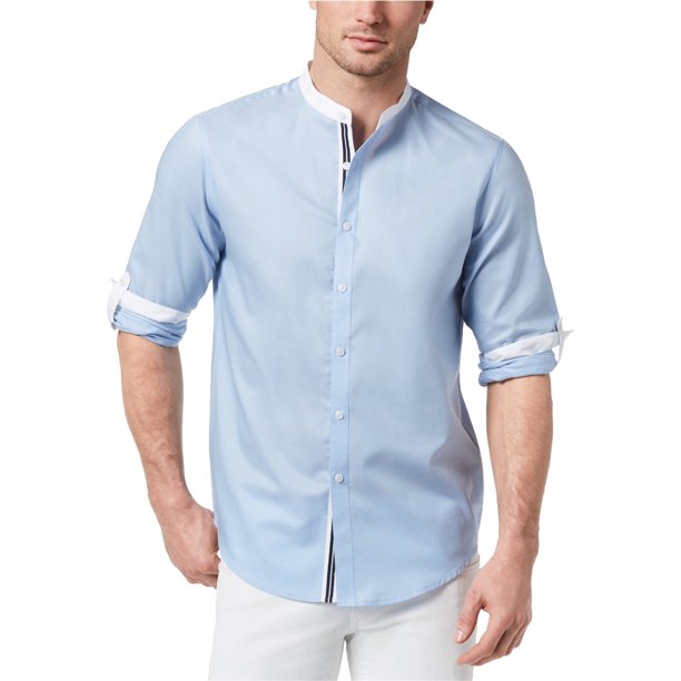 INC Camisa abotonada con cuello en contraste para hombre, azul, XXL