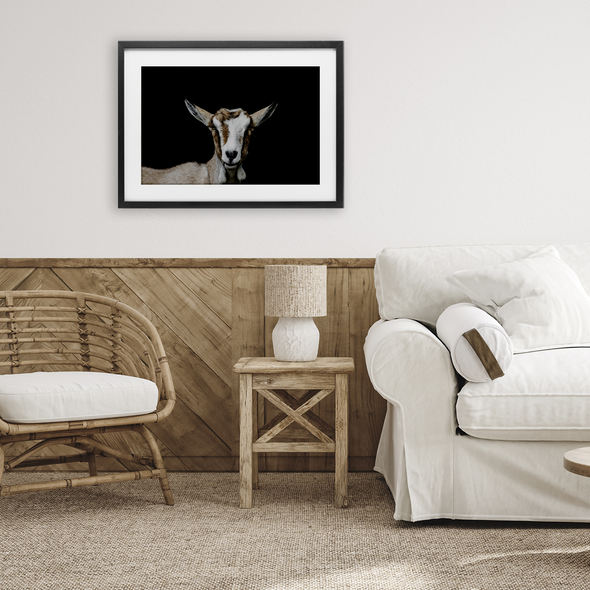 Goat Face over Black Black Framed Print Under Glass, design by Amy Carroll