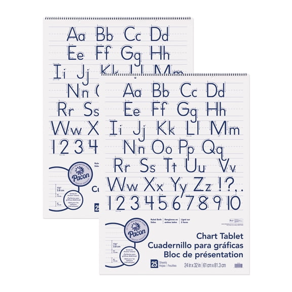 Pacon Chart Tablet, Manuscript Cover, 1-1/2" Ruled, 24" x 32", 25 Sheets, Pack of 2