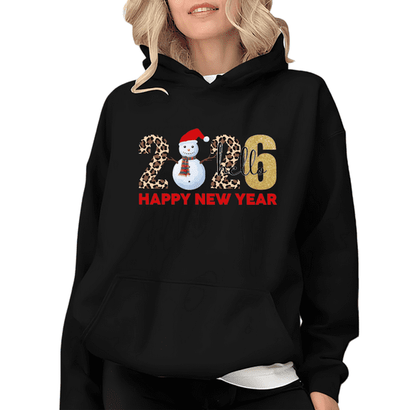 2026 HAPPY NEW YEAR Snowman Leopard Graphic Tee T-Shirt Print Top Hooded long-sleeved Black S-2XL