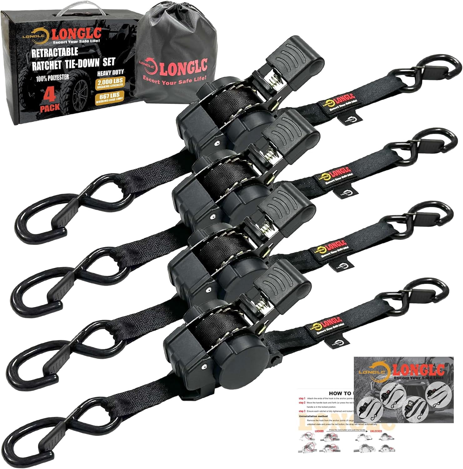 Strapinno Retractable Ratchet Straps – 1" X 10 Ft, 4-Pack, Rubber-Coated Handles, S-Hooks, 1,500 Lbs Breaking Strength – For Motorcycle, Kayak, Jetski
