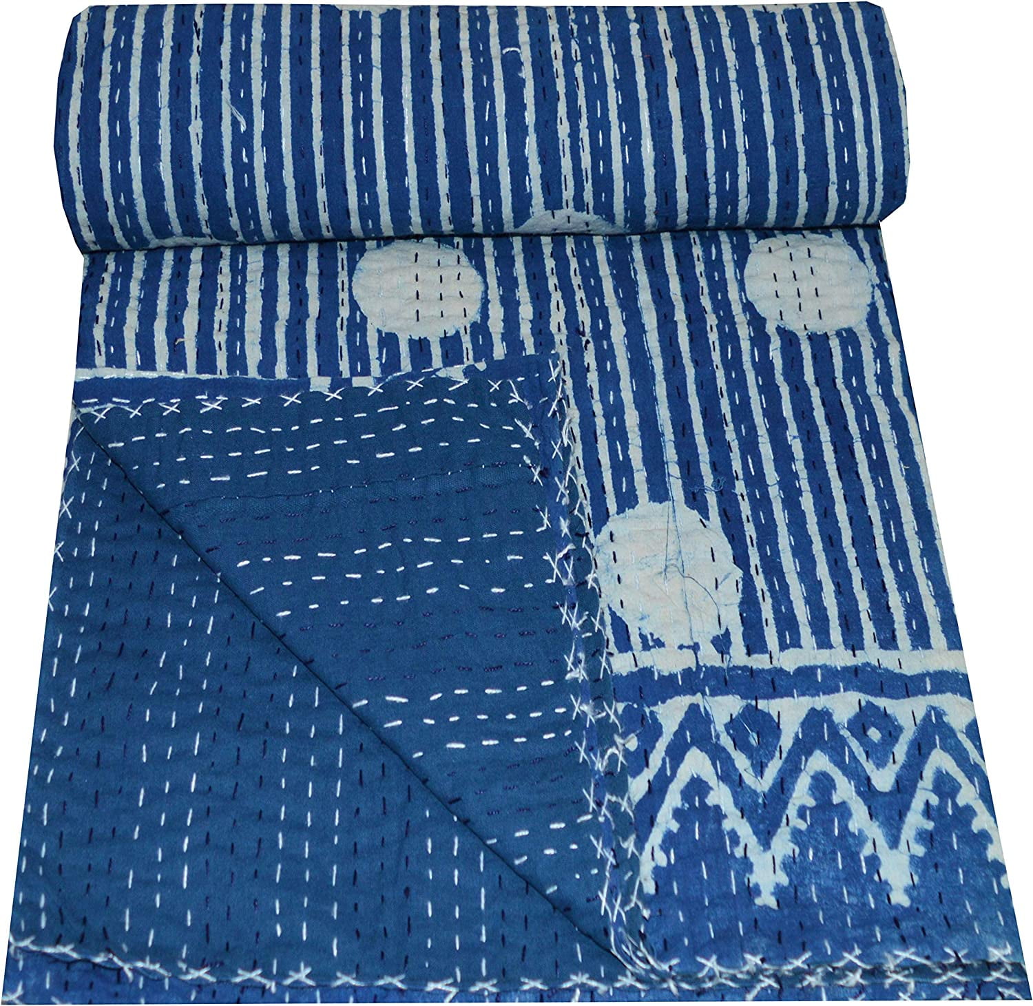 Indian Kantha Quilt Blue Indigo Block Print Kantha Throw Queen Size