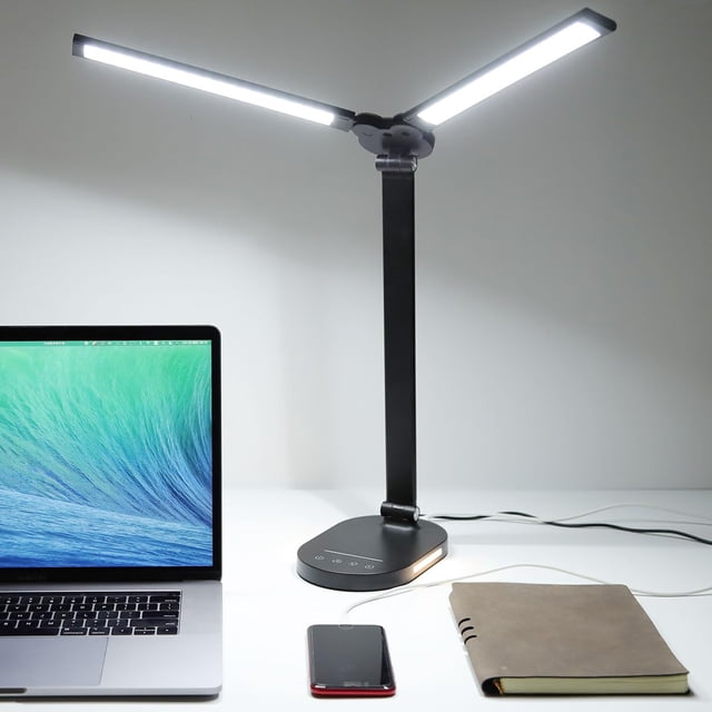 Lámpara LED de escritorio Hukunos de 14 W con doble brazo oscilante con puerto USB