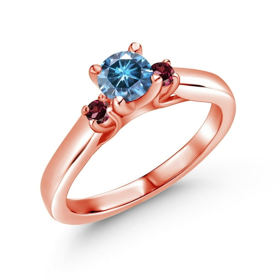 Gem Stone King 18K Rose Gold Plated Silver Persian Blue Moissanite and Red Rhodolite Garnet 3-Stone Engagement Ring for Women (0.68 Cttw, Gemstone Birthstone, Size 7)