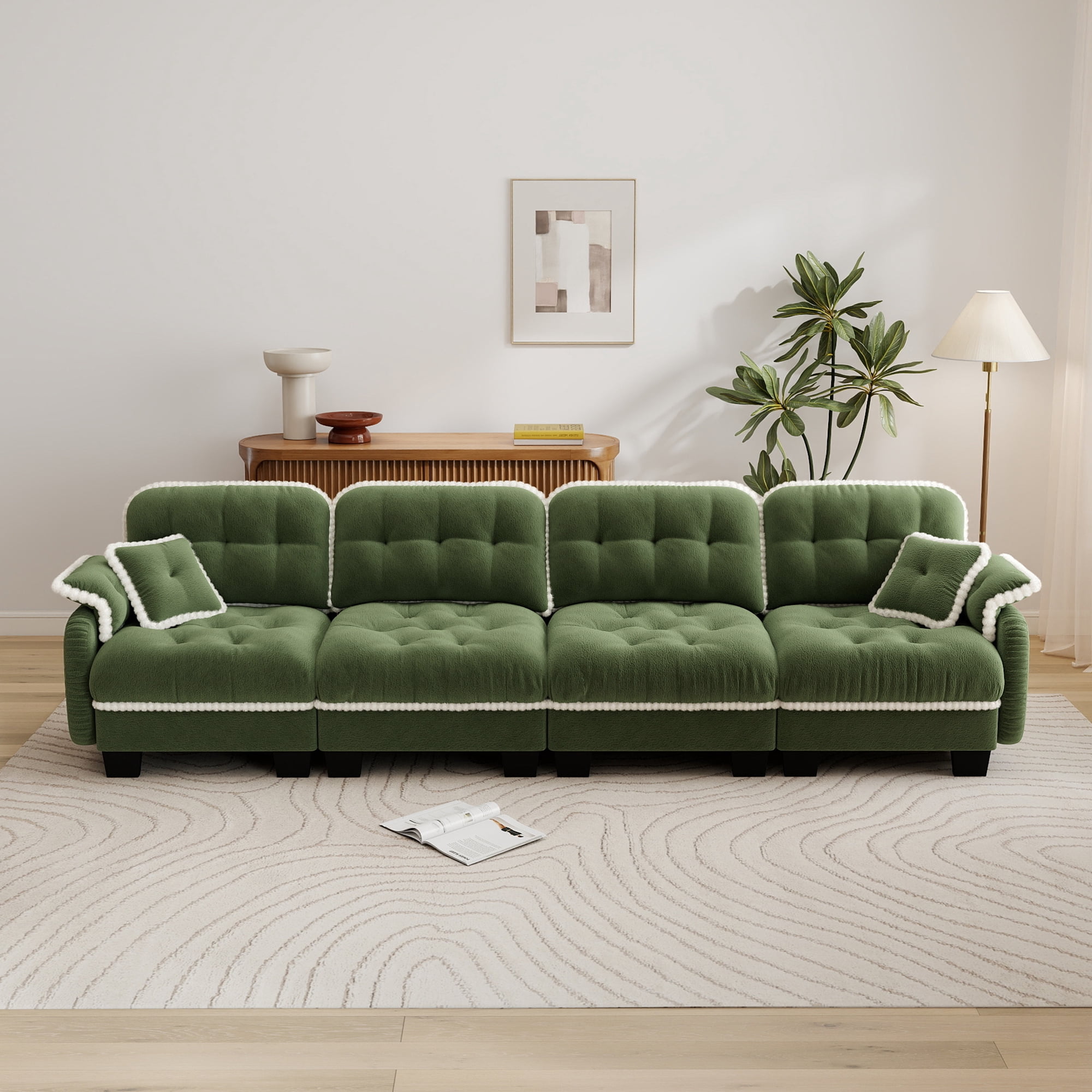 Aenkyo 131.5" Chenille Modular Sectional Sofa, 4-Seater with 23.8" Deep Seats, Green