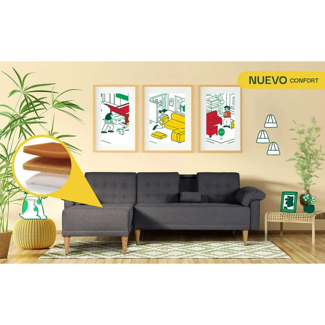 Sala Modular Reversible Makora Brunello con Memory Foam Color Gris Oxford Lino Respaldo Reclinable de 3 Posiciones