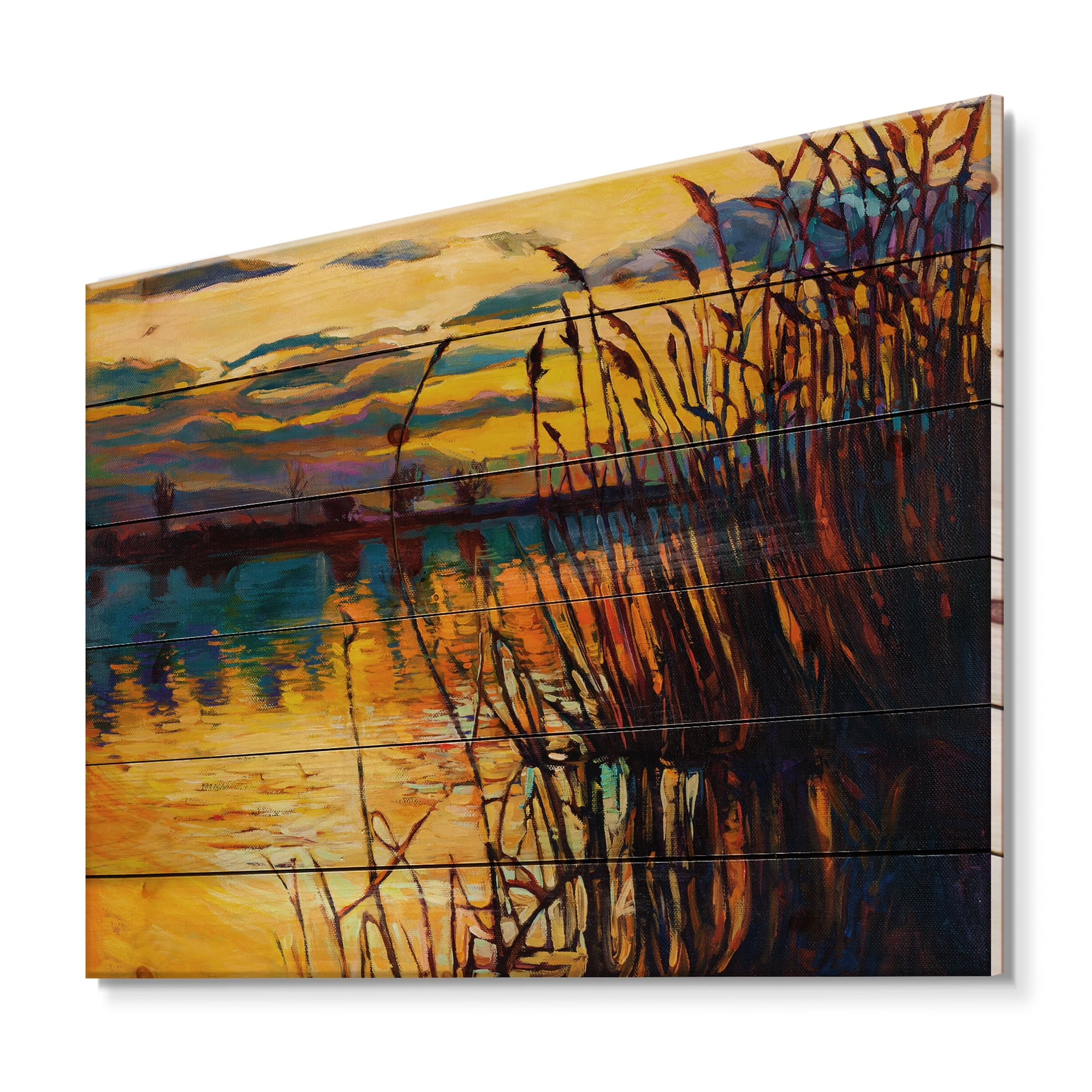 Designart 'Yellow Evening Glow Through The High Grass By The Lake' Nautical & Coastal Print on Natural Pine Wood