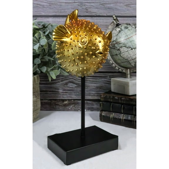 Nautical Marine Faux Taxidermy Golden Pufferfish Fish Sculpture On Pole Mount