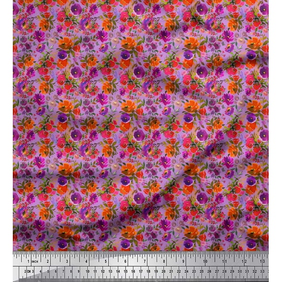 Soimoi Purple Poly Georgette Fabric Peony & Anemone Floral Fabric Prints By Yard 42 Inch Wide