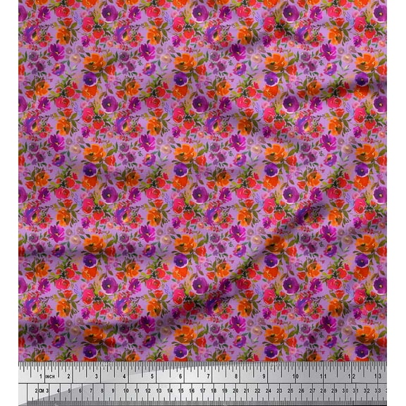 Soimoi Purple Cotton Duck Fabric Peony & Anemone Floral Print Fabric by the Yard 42 Inch Wide