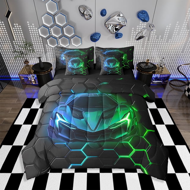 Erosebridal 7Pcs Race Car Kids Bedding Set for Boys,King Size Comforter Set with Sheets and Pillowcase,7Pcs Bed in a Bag,Neon Honeycomb Children Bed Set,Racing Car Comforter