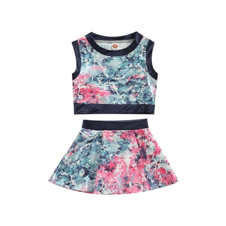 

Chollius Infant Baby Girl Skirt Suit Sleeveless Tie Dye Crew Neck Crop Tops Variegated High Waist Loose Short Skirt Two Piece Set