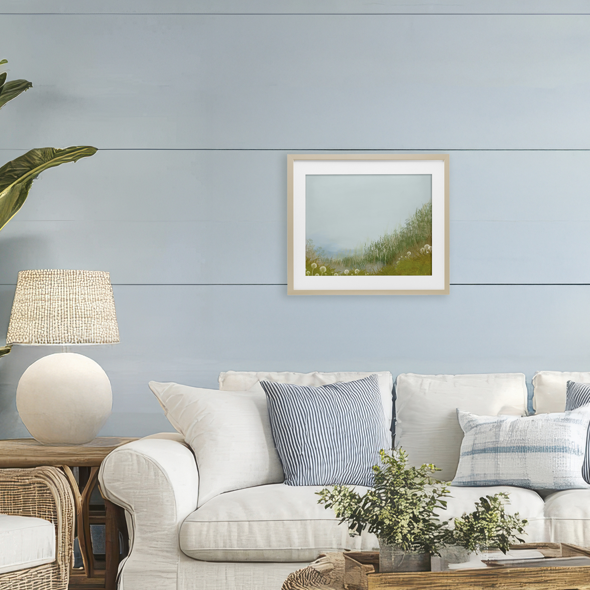 Misty Meadow Hill Birch Framed Print Under Glass, design by Renel Peters