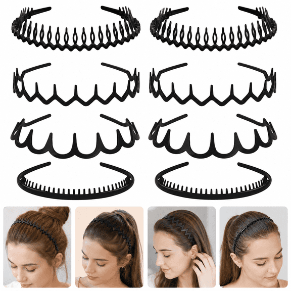 HBlife 8 Pack No Slip Effortless Plastic Headbands with Teeth Comb, Matte Black