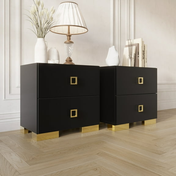 CraftPorch Modern Gold Legs Storage 2-Drawer Nightstand (Set of 2) Black - 2-drawer