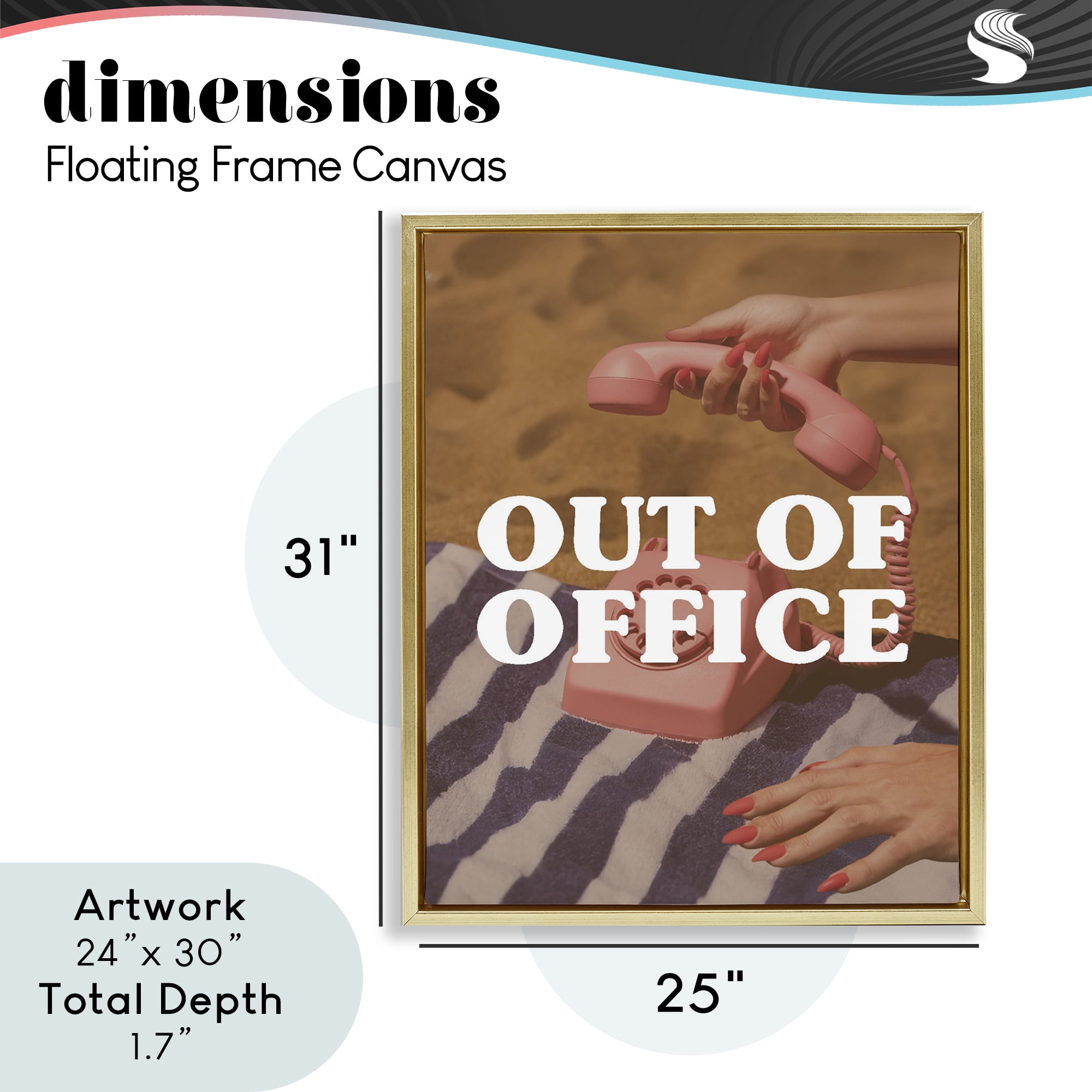 Out of Office Pink Phone Gold Framed Floater Canvas Wall Art, design by Lil' Rue