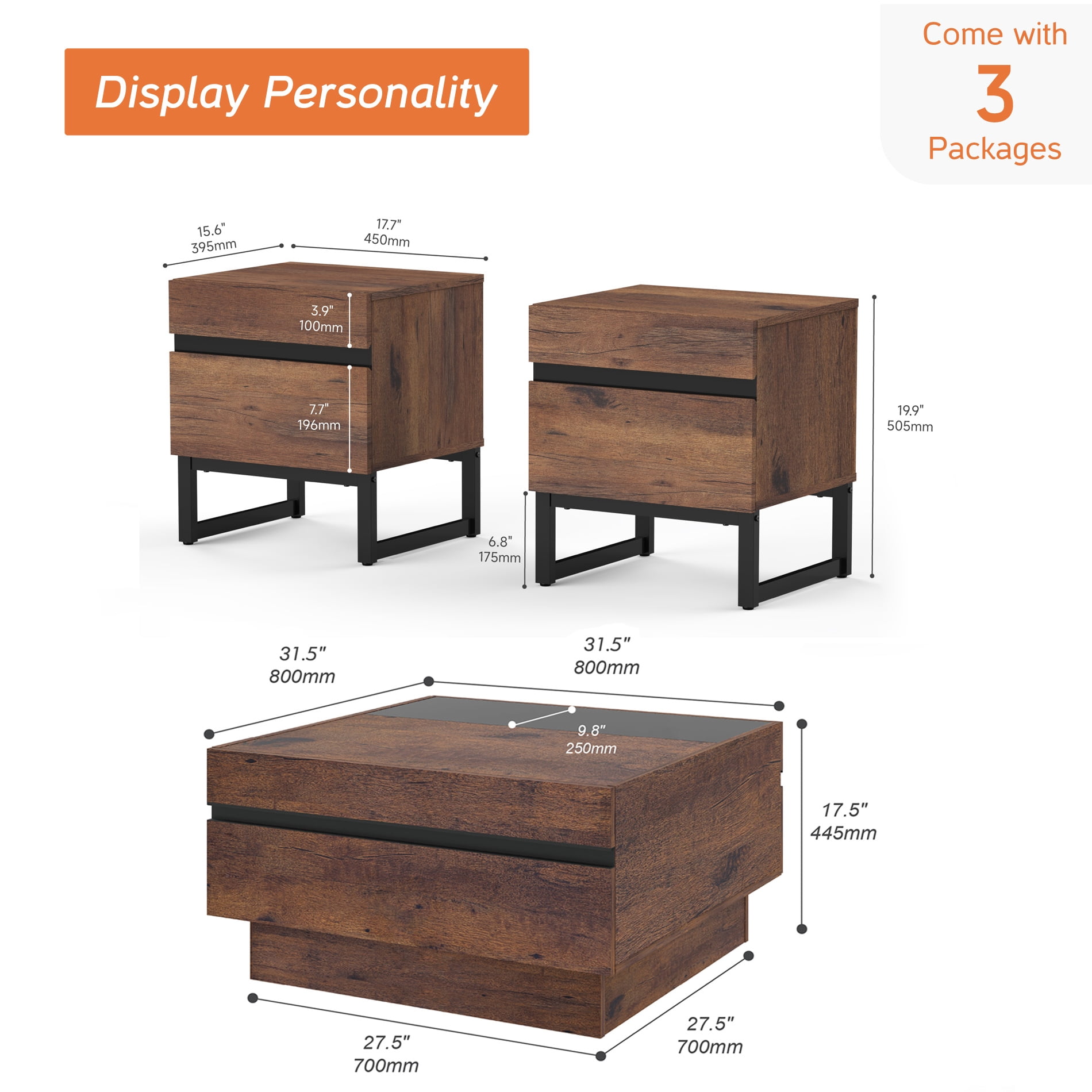 3-Piece Living Room Table Set, Modern Square Coffee Table with Tempered Glass Top, 2 End Tables with 4 Drawers & Black Iron Legs, Walnut Wood Grain，Brown