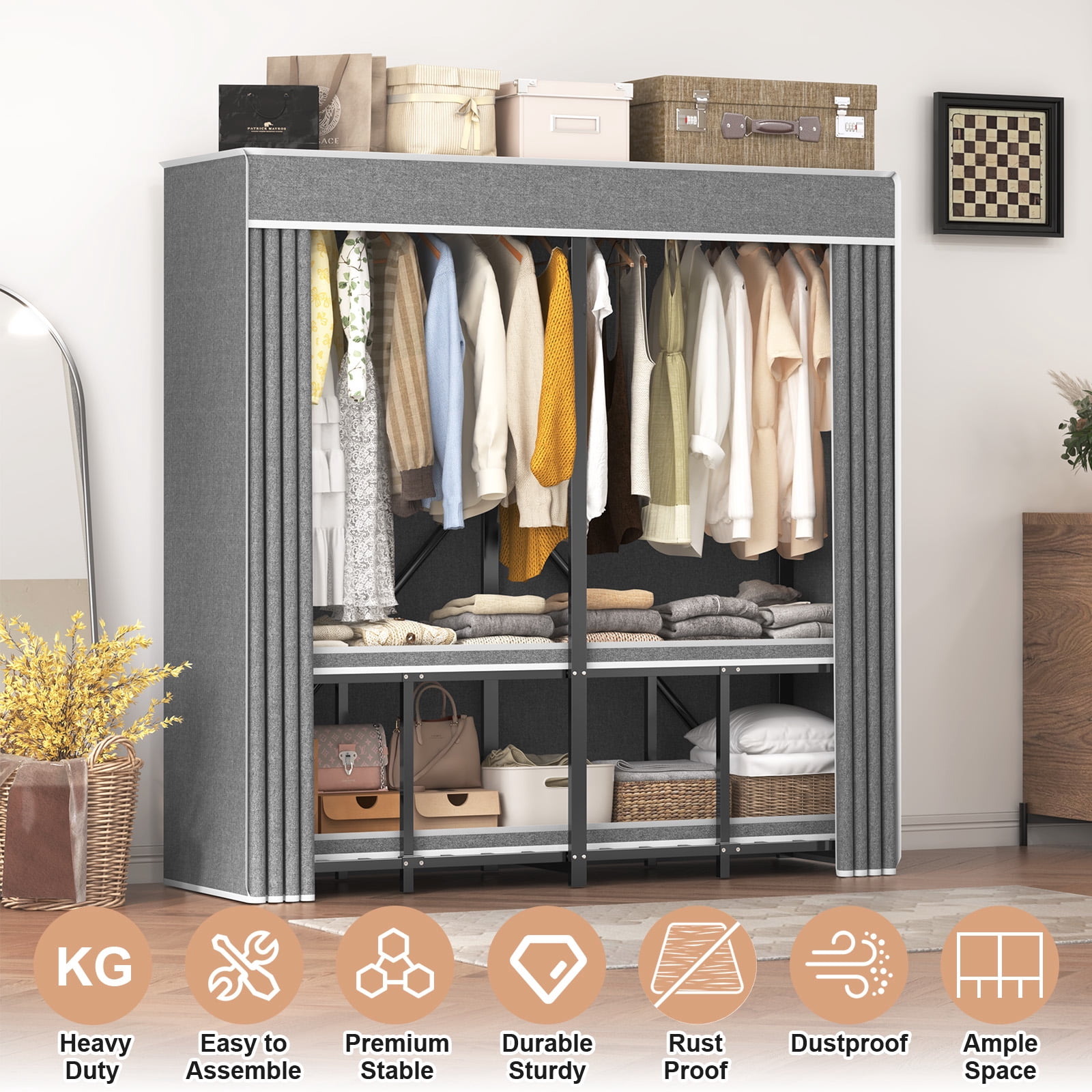 Caulitar Heavy Duty Portable Closet with Cover, Foldable Metal Wardrobe, 3-Tier Garment Rack with Cover (59.1"D x 20.5"W x 70.8"H, Gray)