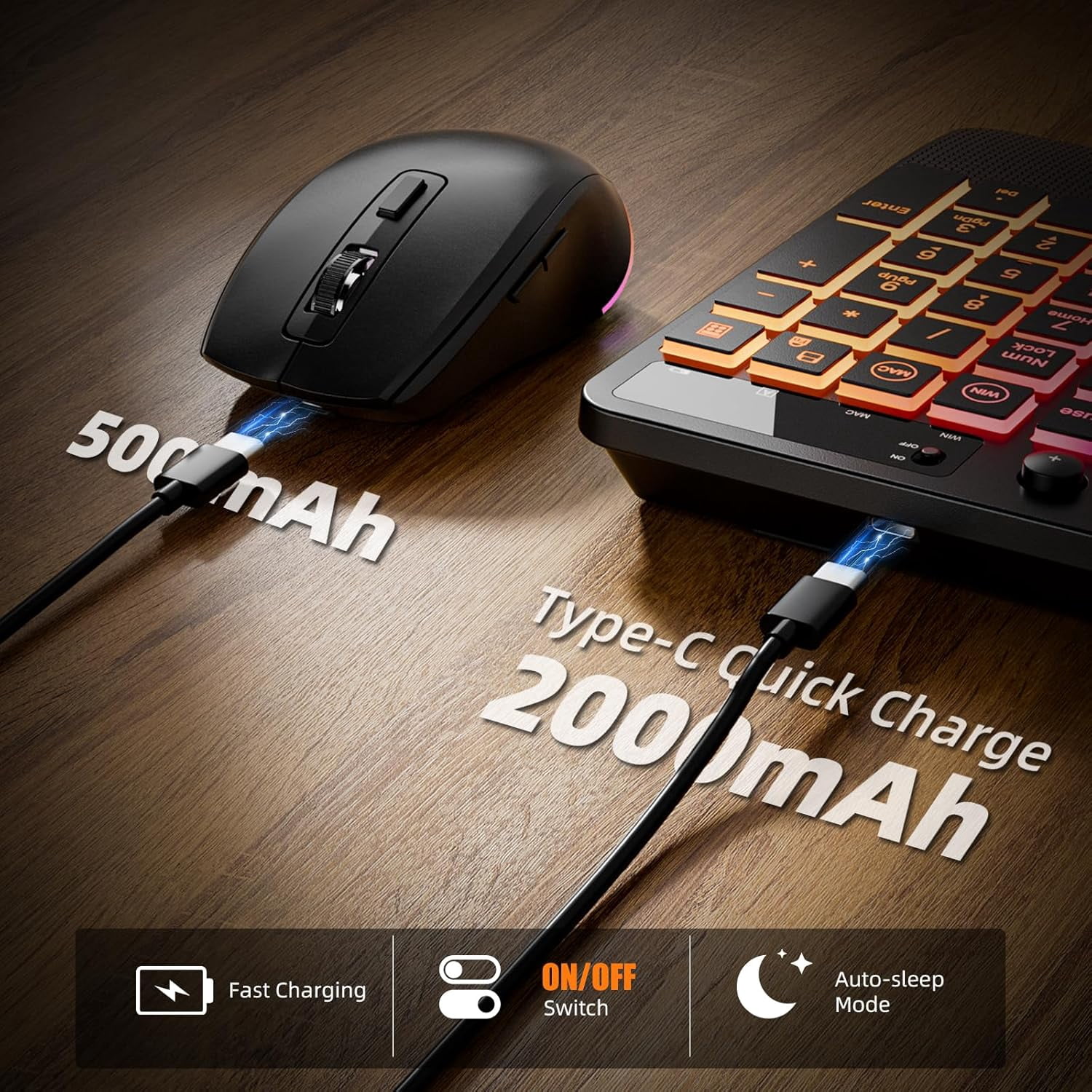 Wireless Keyboard and Mouse Combo 2.4G Full Size Silent/Quiet RGB Backlit Light Up Computer Keyboard & Mouse Combos Set with Phone Holder for Windows Mac PC Laptop