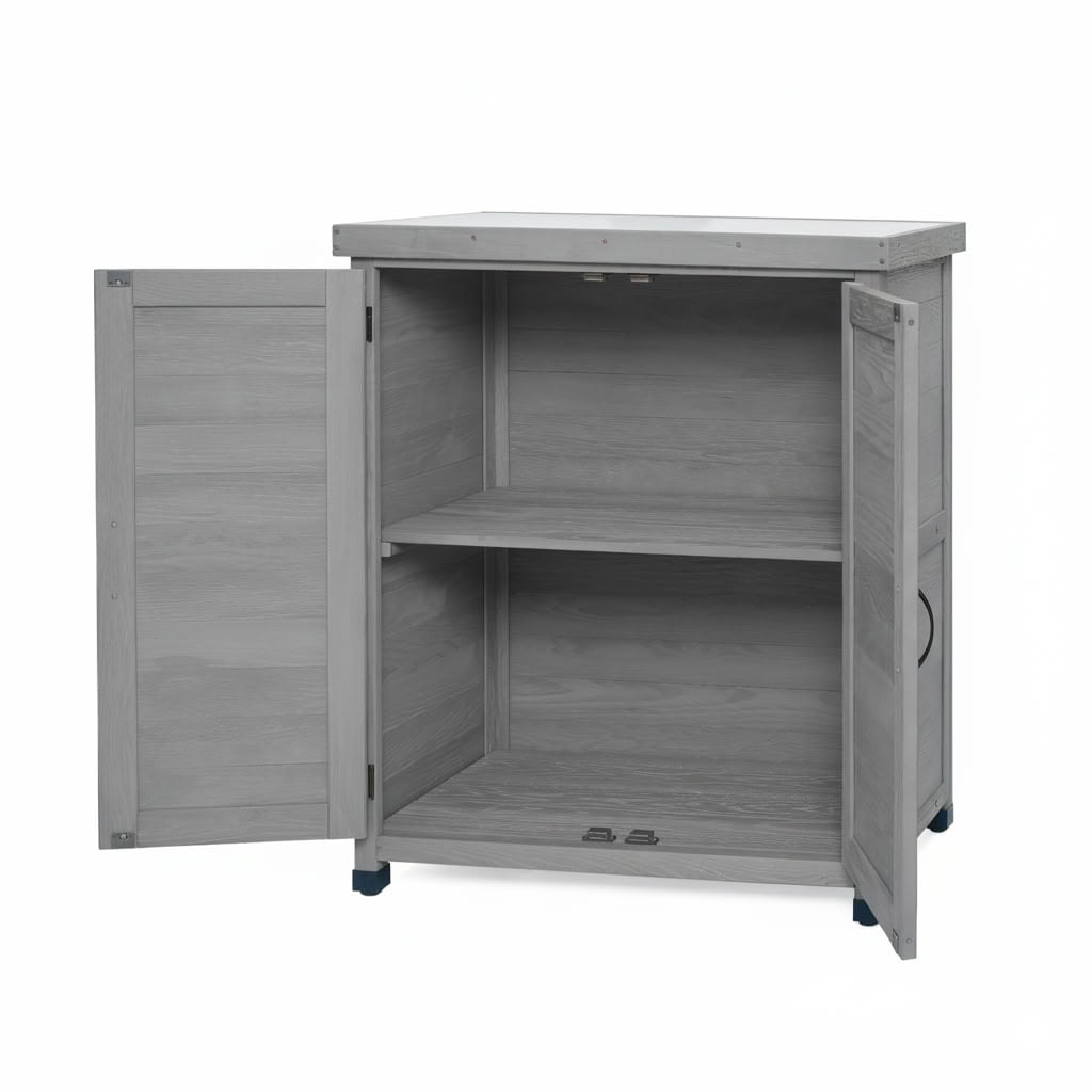 MAYEERTY Weatherproof Wood Potting Bench with Metal Table Top, Magnetic Doors, Outdoor Storage Cabinet for Patio, Yard, Balcony, Garage