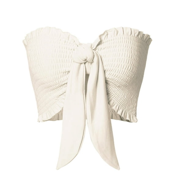 MixMatchy Women's Soft French Terry Smoked Tie Front Bandeau Tube Crop Top