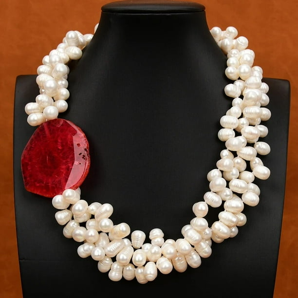 Collar de perlas blancas de Keshi cultivadas en agua dulce para mujer, colgante de conector de ágata roja de 20 pulgadas, joyería hecha a mano, 3 filas, G-G