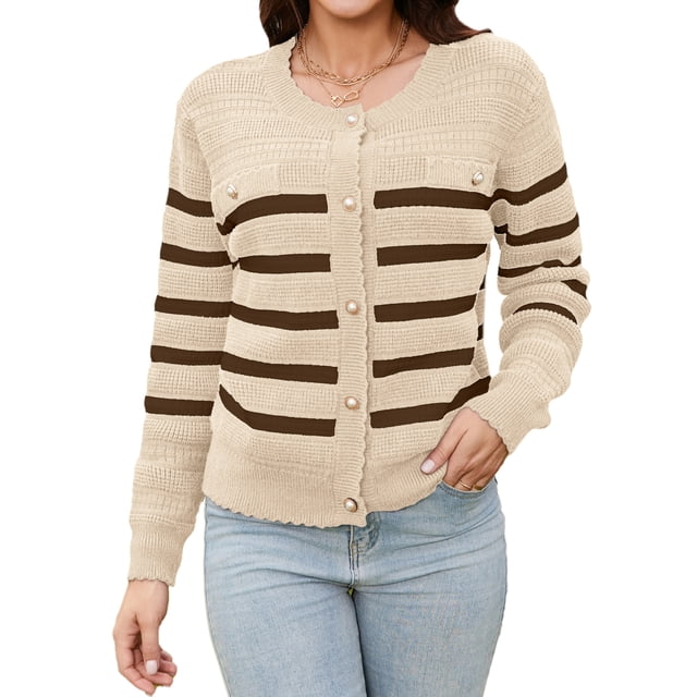 Charmo Cardigan d'Hiver en Tricot Rayé pour Femmes, Col Rond à Boutons, Manches Longues, Élégant