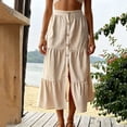 thumbnail image 4 of Womens Elastic High Waist Tiered Ruffle Midi Skirt Front Split Button Down Solid Boho Long Skirt for Summer Casual Wear Khaki XL(XL), 4 of 7