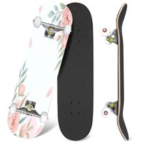 31'' Complete Skateboard 7 Layer Canadian Maple Double Kick Deck Skateboards watercolor light pink rose peonies gray grass white Skate Board for Beginner Adult Gifts