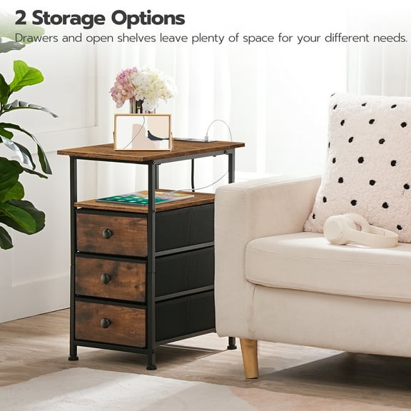 HOOBRO Bedside Table with Charging Station, 1 Outlet and 2 USB Ports, Narrow Side Table with 3 Non-Woven Fabric Drawers, Sofa Side Table with Open Storage, Rustic Brown and Black BF483UBZ01