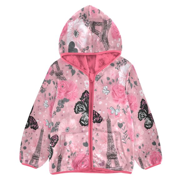 BZSMCE Double-Sided Sherpa Fleece Hooded Zipper Jacket Pink Butterfly and Rose Pattern Print Warm Outerwear