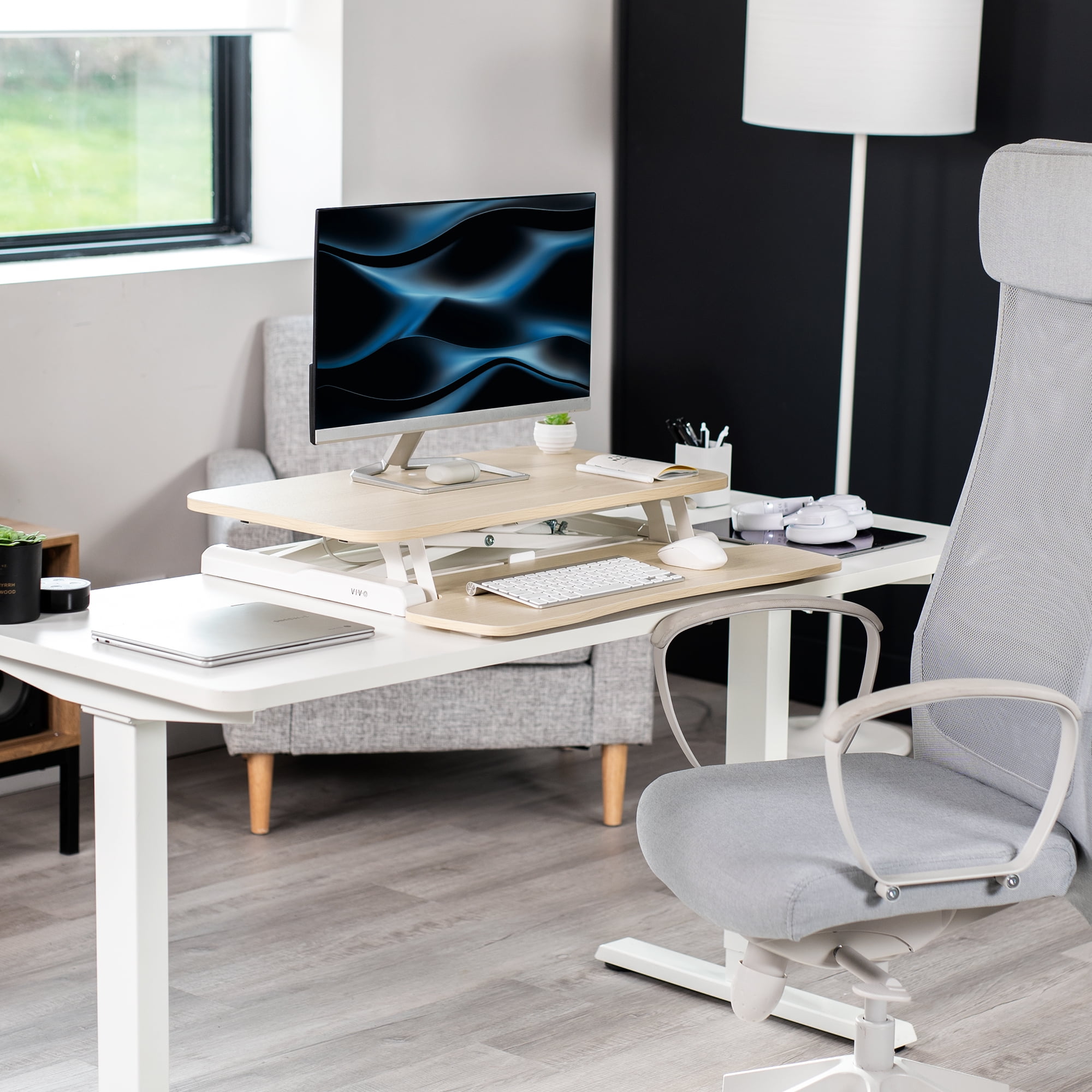 VIVO Light Wood Height Adjustable 28" Standing Desk Monitor Riser, White Frame