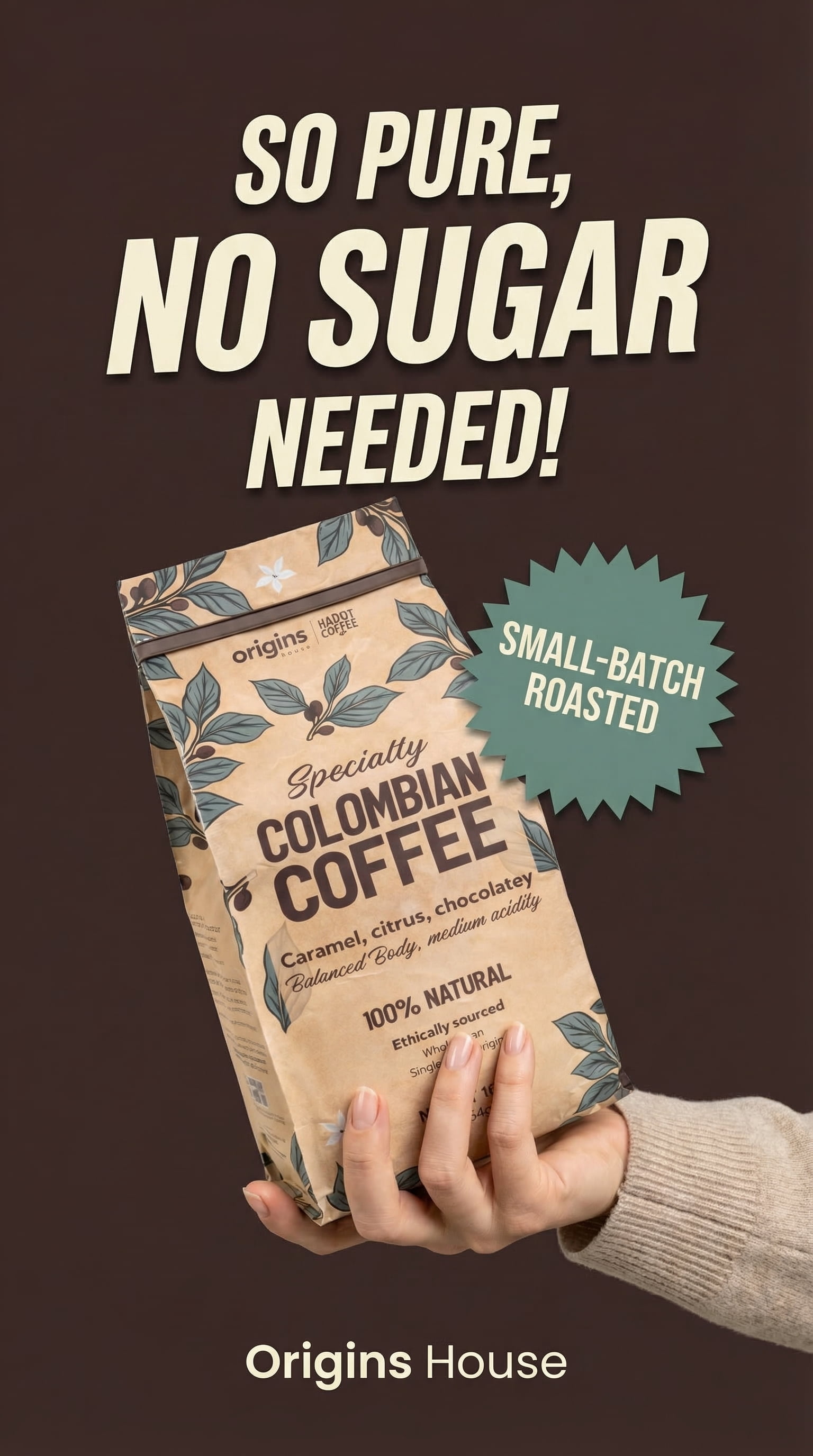Specialty Colombian Coffee – Medium Roast, Whole Bean, Single Origin, No Sugar Needed, 1 lb.