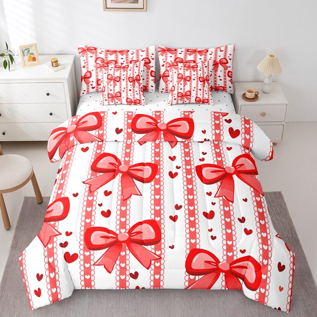 Erosebridal Lit en Sac Nœud Rouge Taille Simple, Ensemble de Lit Cœur d'Amour, Décoration de Chambre Dessin Animé, Réversible 7 Pcs