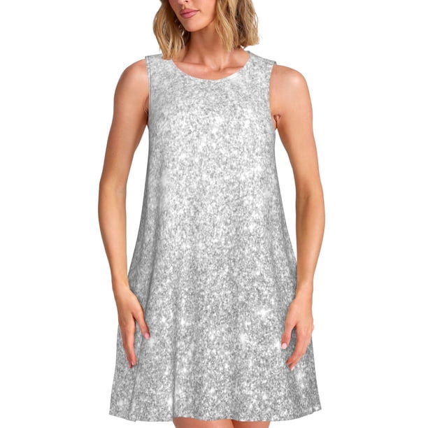 Balery Silver Glitter Vestidos de verano para mujer con estampado: vestido holgado sin mangas, vestido playero informal y cómodo para días calurosos.