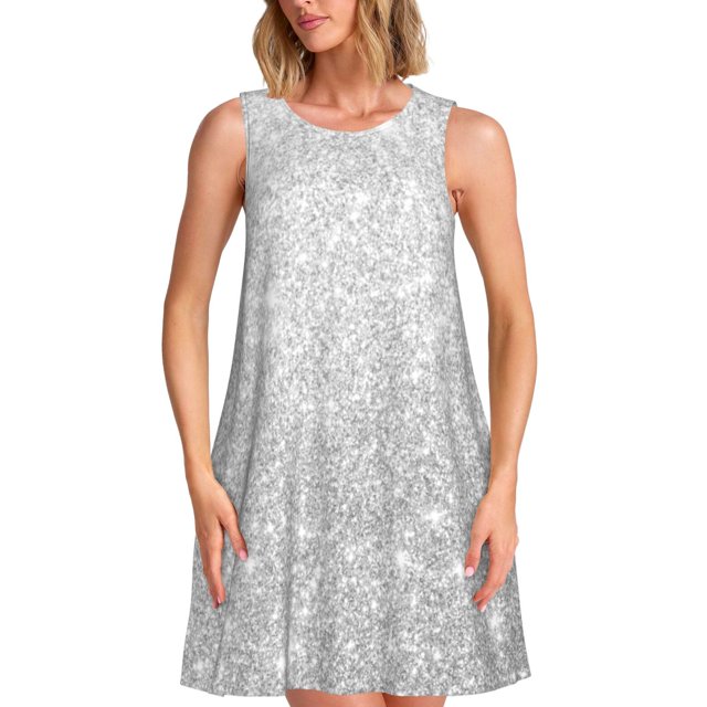 Balery Silver Glitter Vestidos de verano para mujer con estampado: vestido holgado sin mangas, vestido playero informal y cómodo para días calurosos.