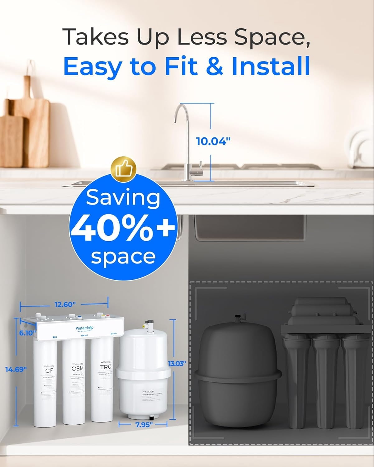 Waterdrop T3-T 220 GPD, Remineralization 7-Stage Reverse Osmosis System, 2:1 Pure to Drain, NSF/ANSI 372 Certified Water Filtration System, Under Sink RO Water Filter with Water Tank, No Power Needed