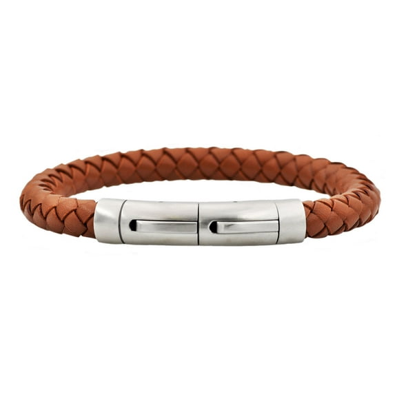 Arista Men's Extendable Bracelet in Brown Leather & Solid Stainless Steel, 8.5"