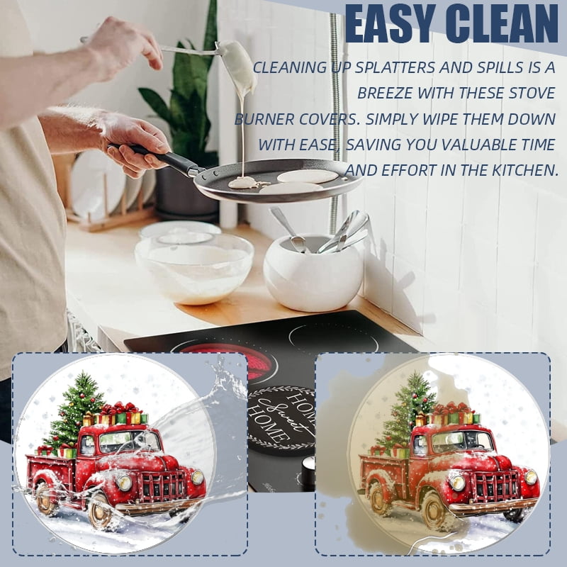 Christmas Round Electric Stove Burner Covers, Christmas Watercolor Red Truck with Presents 4Pcs Top Covers for Electric Stove Burner for Kitchen Holiday Decoration, 8 Inches and 10 Inches