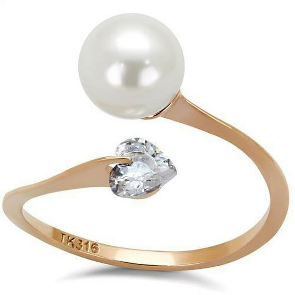 IP Rose Gold(Ion Plating) Stainless Steel Ring with Synthetic Pearl in White for Women White Stone Color Style TK1837 Size 10