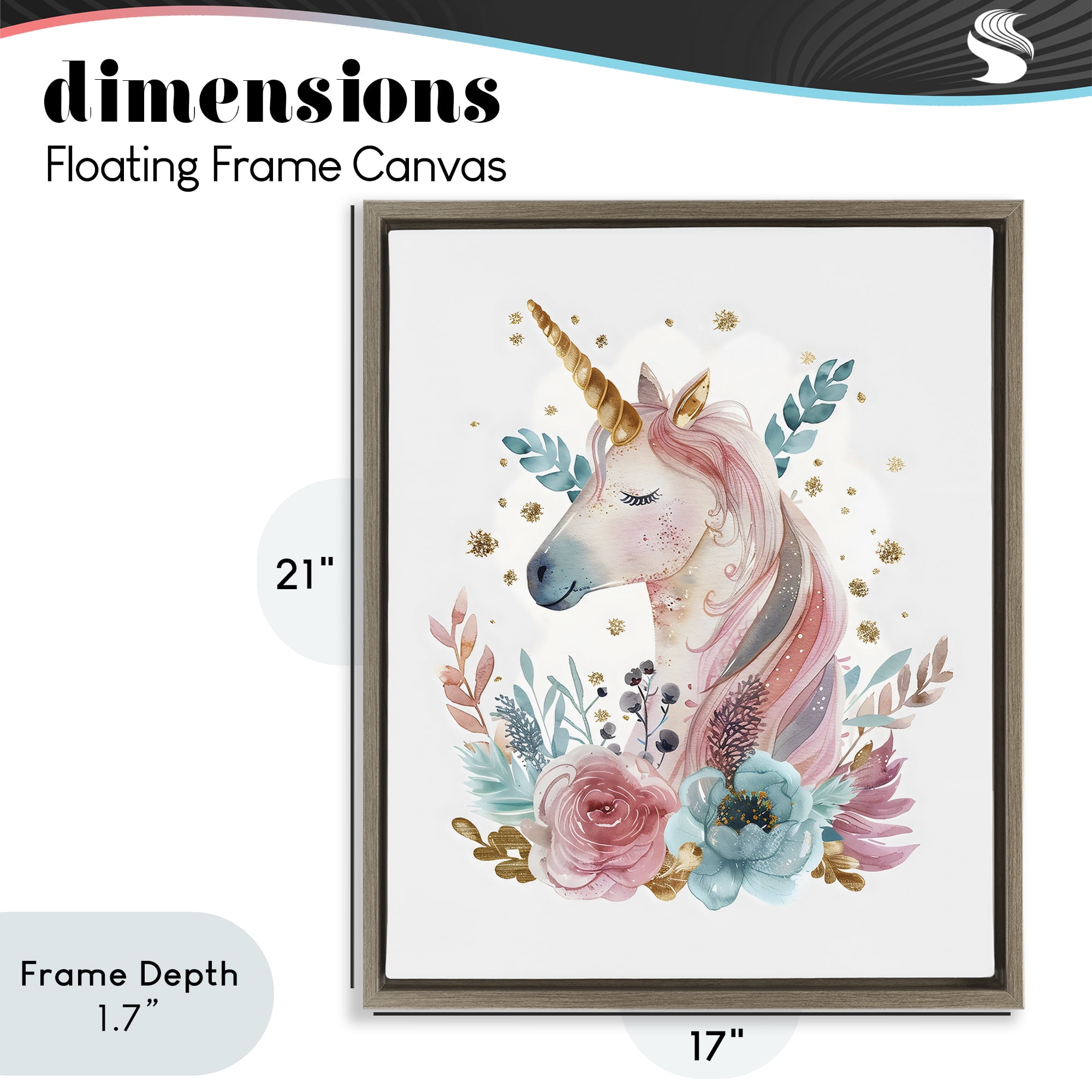 Stupell Industries Floral Unicorn with Gold Details Brown Framed Floater Canvas Wall Art, design by LSR Design Studio