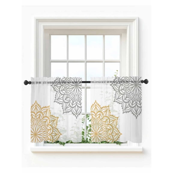 Boho Gray Beige Floral Tier Curtains 36 Inch Length,Sheer Curtains for Bedroom Living Room Window Retro Abstract Art Flowers Rod Pocket Drapes Kitchen Curtains Small Half Window 27.5"x36" 2 Panels