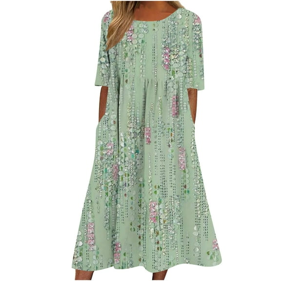 Ecqkame Womens Dresses Loose Casual Floral Printed Short Sleeve Round-Neck Long Dress Womens Plus Size Summer Dresses Army Green XXXL