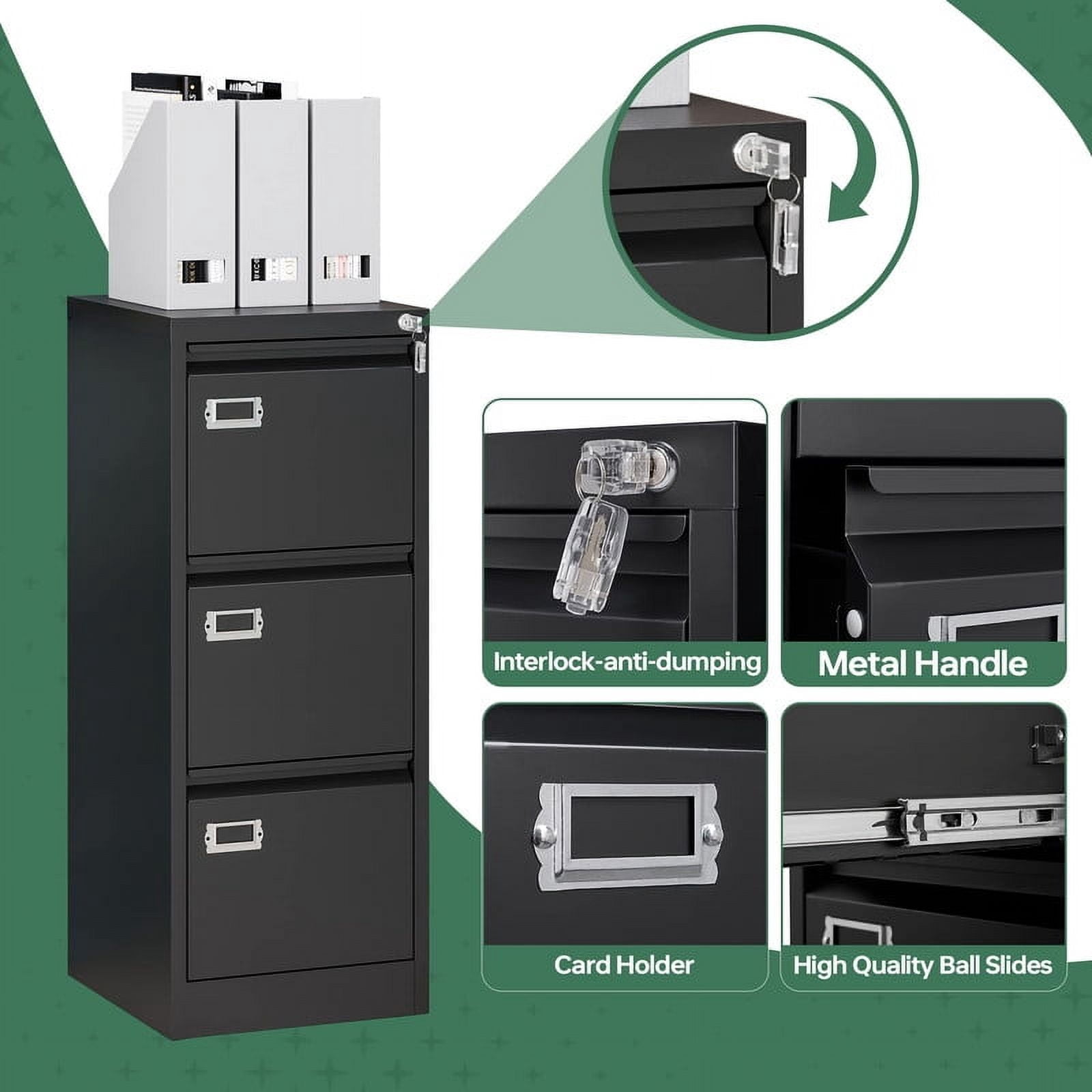 MIIIKO 3 Drawer File Cabinet,Metal Vertical Filing Cabinets with Lock,Storage A4/F4/Letter/Legal for Home Office-Assembly Required(3 Drawer-Black)
