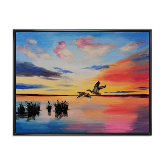 Crane Birds Flying During Colorful Sunset 20 in x 12 in Framed Painting Canvas Art Print, by Designart
