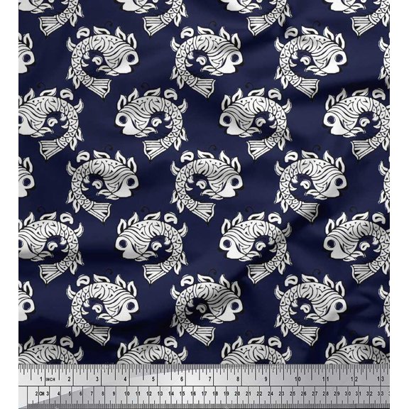 Soimoi Polyester Crepe Fabric Fish Block Printed Fabric 1 Yard 42 Inch Wide